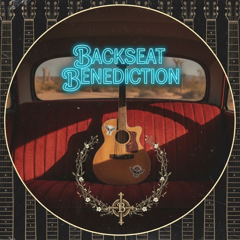 Backseat Benediction album art: an acoustic guitar on a vintage car backseat under a neon sign