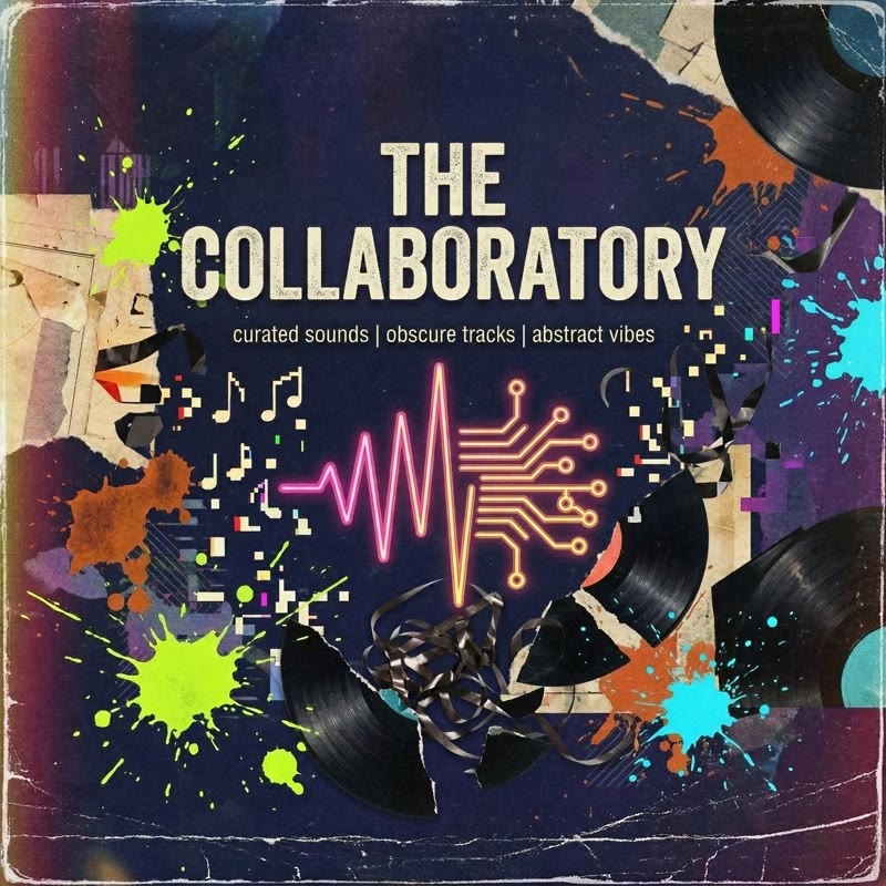 The Collaboratory album art: a torn-paper collage of vinyl, paint splatter, and a neon waveform