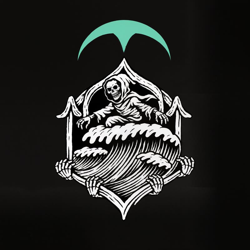 DRIFTCULT emblem: a hooded reaper riding a woodcut wave under a teal crescent