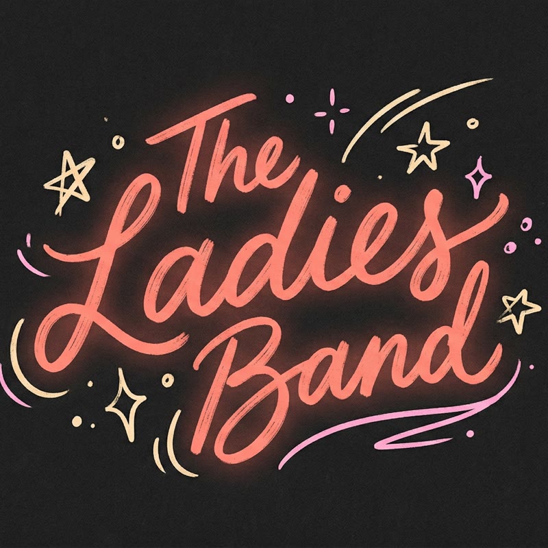 The Ladies Band logo: playful coral script lettering with stars on black