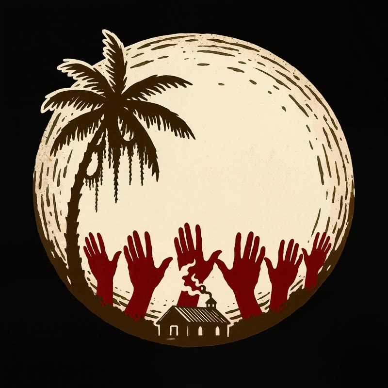 Palmetto Smoke Revival album art: a palm tree and raised hands before a country chapel, woodcut style