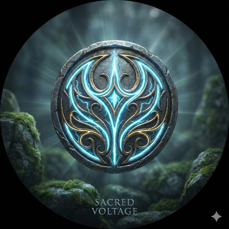 SacredVoltage album art: a glowing electric rune emblem set in mossy stone
