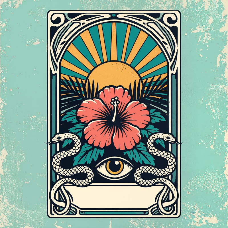 Tropic Oracle album art: a tarot-style card with a rising sun, hibiscus, snakes, and an all-seeing eye